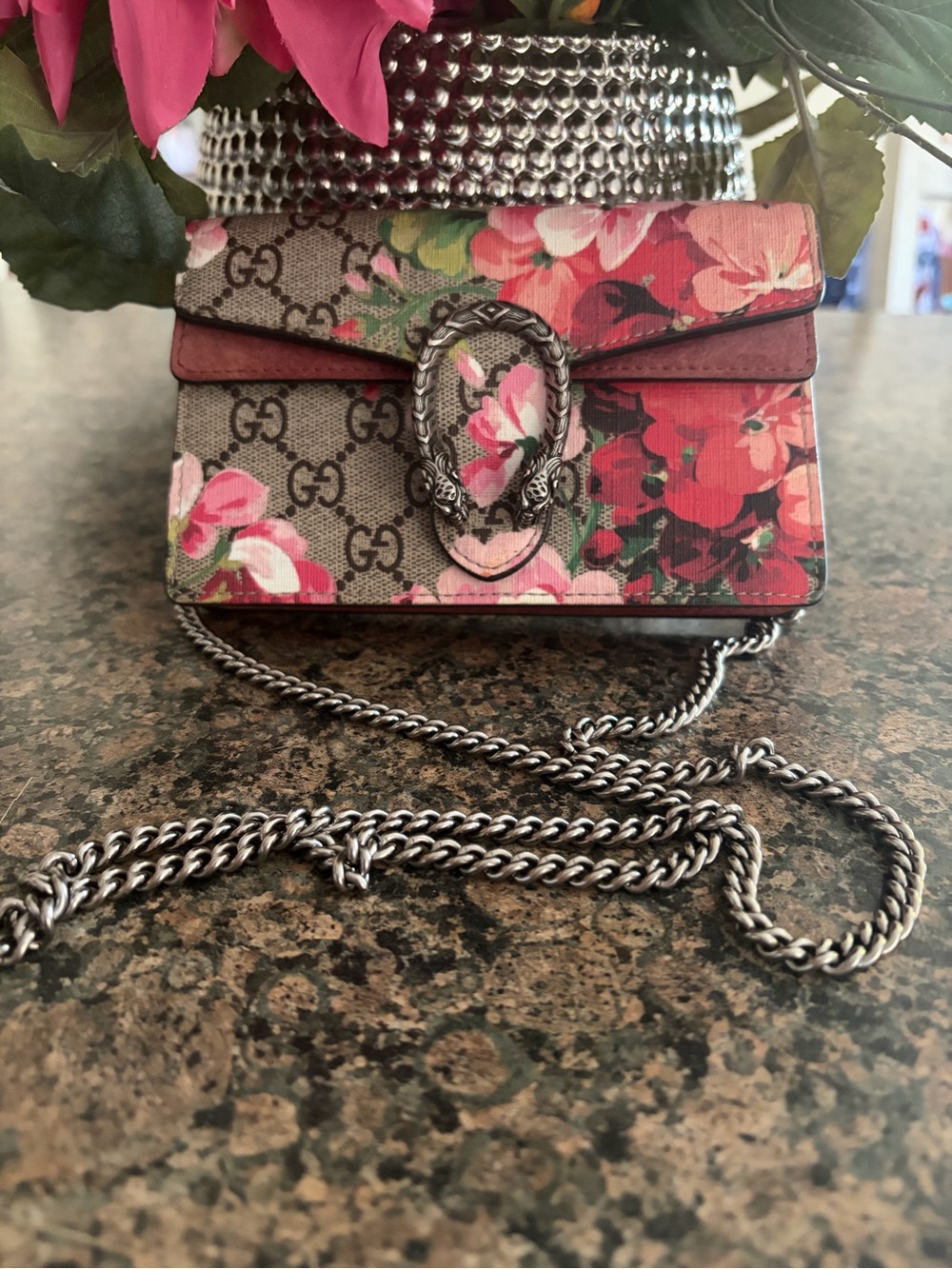 Gucci Floral GG Mini Crossbody Bag in Pink and Green